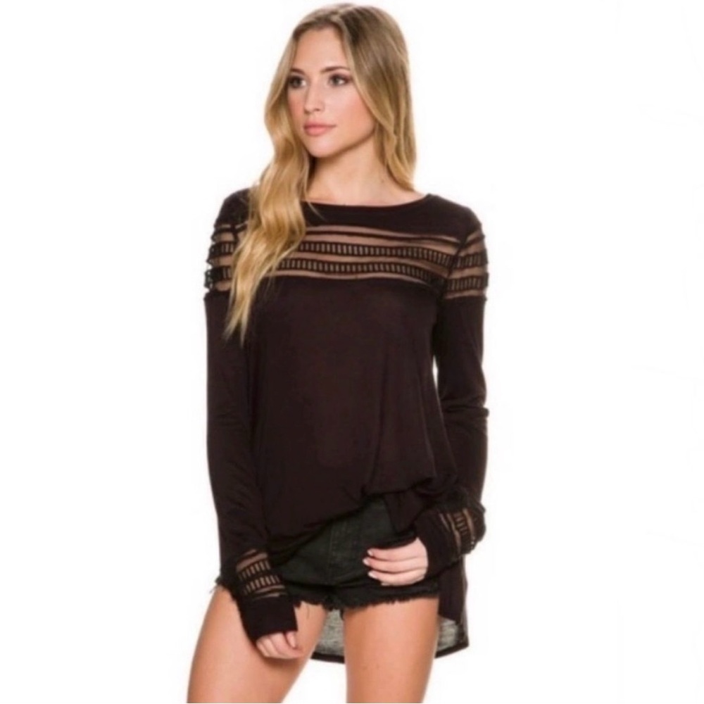Free People Black Sheer Mesh Panel Long Sleeve Tunic Top Size S